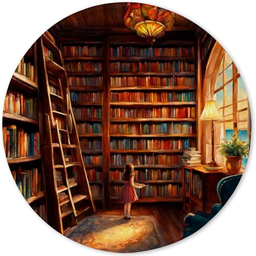 Mauspad aus Tuch + Naturkautschuk Anglebige Materialien Vernähte Kanten wasserdichte rutschfest Tragbar Runde Mauspads Cartoon Buchhandlung Muster Design Mouse Pad für Gaming, Zuhause, Büro (04) von SGKITM