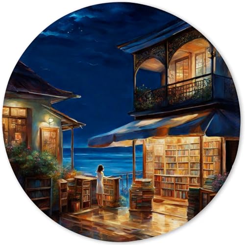 Mauspad aus Tuch + Naturkautschuk Anglebige Materialien Vernähte Kanten wasserdichte rutschfest Tragbar Runde Mauspads Cartoon Buchhandlung Muster Design Mouse Pad für Gaming, Zuhause, Büro (07) von SGKITM