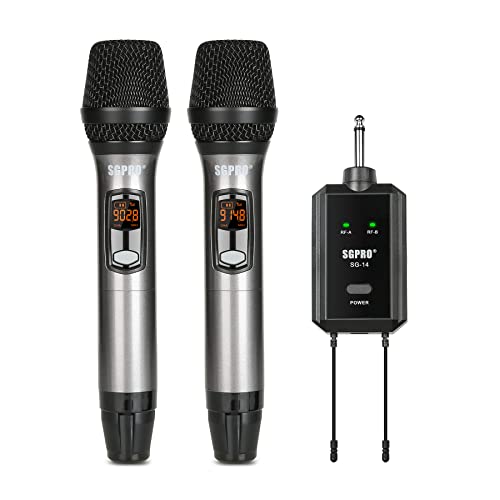 SGPRO Kabellose schnurlose Mikrofone mit wiederaufladbarem Empfänger, AA-batteriebetriebenes schnurloses Mikrofon-Set mit Lautsprechern und Mischpult als tragbares Sing- und Sprechmikrofon von SGPRO