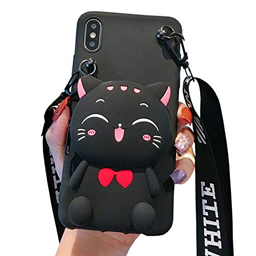 Münzgeldhülle kompatibel mit iPhone XR, süßes Schweinchen Design mit Reißverschluss Back Cover Weiches Silikon Stoßfest Schutzhülle [Langes Band ], iPhone 6 Plus / 6s Plus, Cat Black von SGVAHY