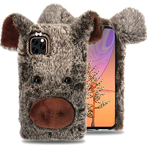 SGVAHY Fell-Hülle für iPhone 11 Pro Max, luxuriöses süßes Schwein-Fellfell, weich, warm, mit TPU-Bumper, mit Glitzer, 3D-Schleife, stoßfest, iPhone 11 Pro, braun von SGVAHY