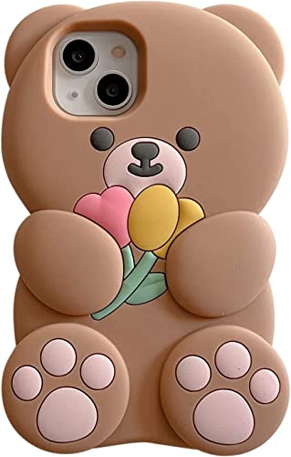 SGVAHY Hülle für iPhone 13, Niedlich iPhone 13 Hülle Blume Teddybär Kawaii Kreativ Weich Gummi Bumper Stoßfest Cover Schutzhülle für Frauen Mädchen Braun von SGVAHY