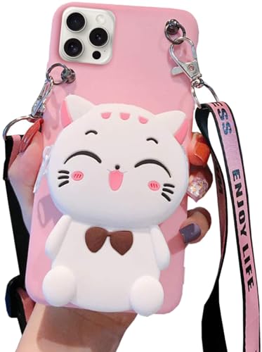 SGVAHY Schutzhülle für iPhone 11, niedliche iPhone-Hülle mit Riemen, Schlüsselband, Münzbörse, lustige Handyhülle, Kawaii, weiches Silikon, stoßfest, für Damen und Mädchen (Katze, Rosa) von SGVAHY