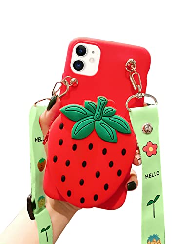 SGVAHY Schutzhülle für iPhone 12 Mini, niedliche iPhone-Hülle mit Riemen, Umhängeband, Münzbörse, lustige Handyhülle, Kawaii, weiches Silikon, stoßfest, für iPhone 12 Mini, Erdbeerrot von SGVAHY