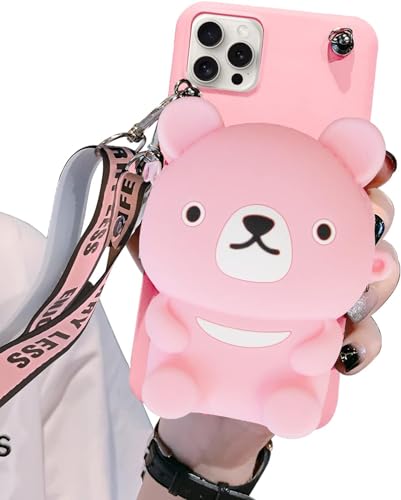 SGVAHY Schutzhülle für iPhone 15, niedliche iPhone-Hülle mit Band, Umhängeband, lustige Handyhülle, Kartenhalter, Kawaii, weich, stoßfest, für Damen und Mädchen (Bär-Rosa) von SGVAHY