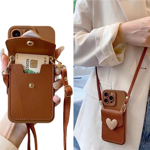 SGVAHY Schutzhülle für iPhone 16 Plus mit Riemen, Kartenhalter, Umhängeband, niedliches Handy-Brieftaschen-Schutzhülle für Damen und Mädchen, braunes Herz-Design, Ledergeldbörse, weiches Silikon, für von SGVAHY