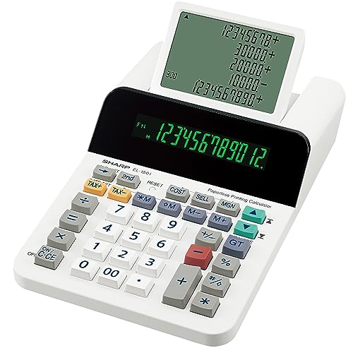 Sharp EL-1501 Anzeigender Tischrechner (Paper& Ink-Free, 12-stelliges und 5-zeiliges LCD Display, Batteriebetrieb) Weiß, 150mm x 62mm x 228mm von Sharp
