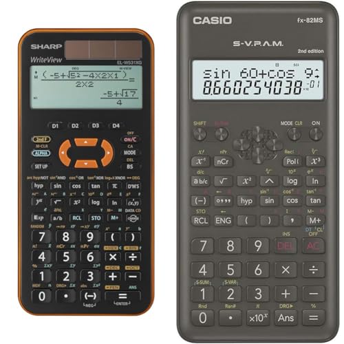 Sharp EL-W531 XG-YR Wissenschaftlicher Schulrechner (4-zeilige Anzeige, WriteView, D.A.L.-Eingabe) Orange & Casio FX-82MS-2 Wissenschaftlicher Taschenrechner, Batteriebetrieb, grau von SHARP