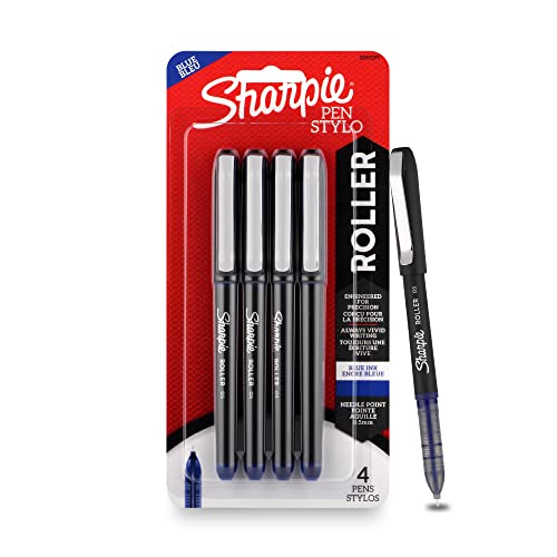 SHARPIE Blauer Tintenroller, wischfest, ideal für den regelmäßigen Gebrauch im Büro, Schreibwaren, Nadelspitze (0,5 mm), 4 Stück von SHARPIE