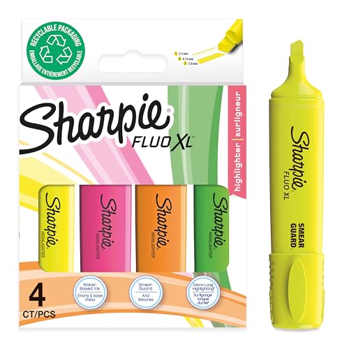 SHARPIE Fluo XL Textmarker | Keilspitze | verschiedene leuchtende fluoreszierende Farben | 4 Stück Textmarker Set von SHARPIE
