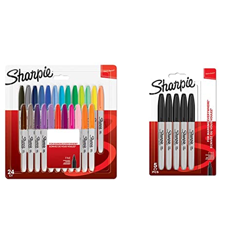 SHARPIE Permanent Marker | Marker Stifte mit feiner Spitze | gemischte Farben | 24 Stück Market Set & Permanentmarker mit feiner Spitze, schwarz, 5 Stück von SHARPIE