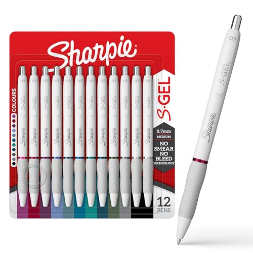 SHARPIE S-Gel | Gelstifte zum Schreiben | Mittlere Spitze (0,7mm) | Verschiedene Tintenfarben | Weißes Perlmuttgehäuse | 12er-Pack von SHARPIE