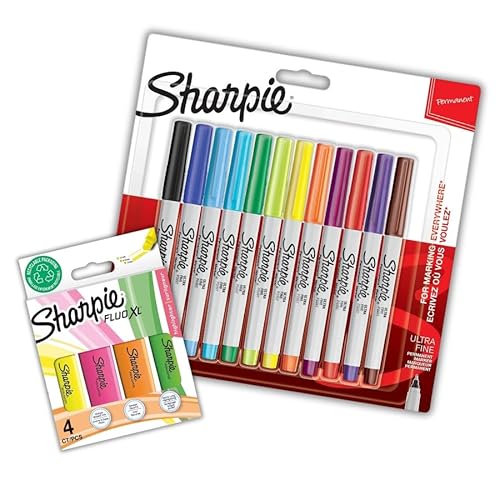 Sharpie Permanentmarker, ultrafeine Spitze für präzise Markierungen, Keilspitze, Textmarker, 12 Marker + 4 Textmarker von Sharpie