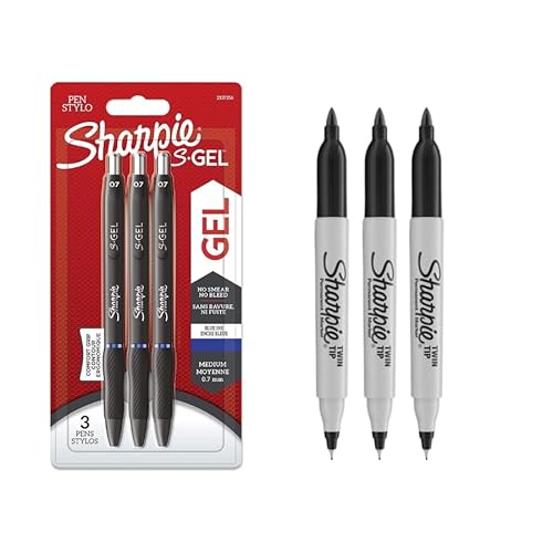 Sharpie S-Gel | Gelstifte | Mittlere Spitze (0,7 mm) | Blaue Tinte | 3 Stück + 3 Permanentmarker mit Doppelspitze | Feine und ultrafeine Spitzen | Schwarz von SHARPIE
