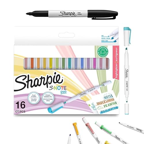 Sharpie S-Note Duo Textmarker|Dual Tip| Pastellfarbene Kreativmarker | Rund- und Keilspitze zum Hervorheben, Zeichnen, Aufzeichnen und mehr | 16 Stück + 1 Stück Permanentmarker mit feiner Spitze in S von SHARPIE