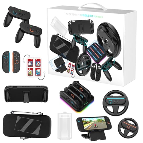 SHEAWA 9-in-1 Gaming Kit für Switch 2 - Griff + Ladestation + Lenkrad + Reisetasche + Spielkartensteckplatz+Halterung + gehärtete Folie von SHEAWA