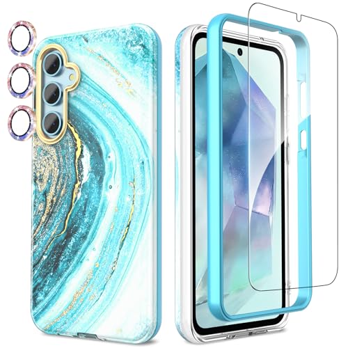 SHEDEER Samsung A55 5G Hülle mit Glitzer Kameraschutz + Stoßfänger + Schutzfolie Samsung Galaxy A55 5G Hülle Schick Schlank 360 Grad Handyhülle für Samsung A55 5G Stoßfest Hülle für A55 5G 6.6'' Blau von SHEDEER