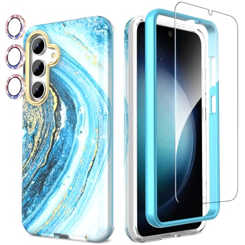 SHEDEER Samsung S24 Hülle mit Kameraschutz + Schutzfolie + Stoßfänger Samsung Galaxy S24 Hülle Schick 360 Grad Handyhülle für Samsung S24 Stoßfest Kratzfest TPU Hülle S24 6,2'' Blau von SHEDEER