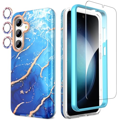 SHEDEER Samsung S24 Hülle mit Kameraschutz + Schutzfolie + Stoßfänger Samsung Galaxy S24 Hülle Schick 360 Grad Handyhülle für Samsung S24 Stoßfest Kratzfest TPU Hülle S24 6,2'' Blau von SHEDEER