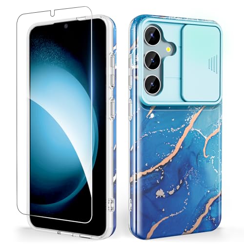 SHEDEER Samsung S24 Hülle mit Kameraschutz Schieber + Schutzfolie Samsung Galaxy S24 Hülle Schick Fantasie Handyhülle für Samsung S24 Stoßfest Kratzfest Schlank TPU Hülle S24 6.2'' Blau von SHEDEER