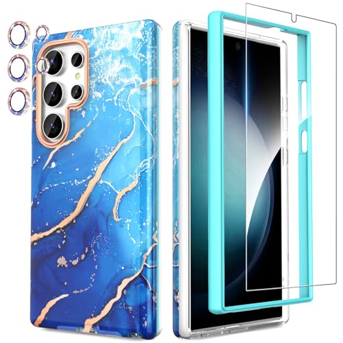 SHEDEER Samsung S24 Ultra Hülle mit Kameraschutz + Schutzfolie + Stoßfänger Samsung Galaxy S24 Ultra Hülle Schick 360 Grad Handyhülle für Samsung S24 Ultra Stoßfest TPU Hülle S24 Ultra 6,8'' Blau von SHEDEER