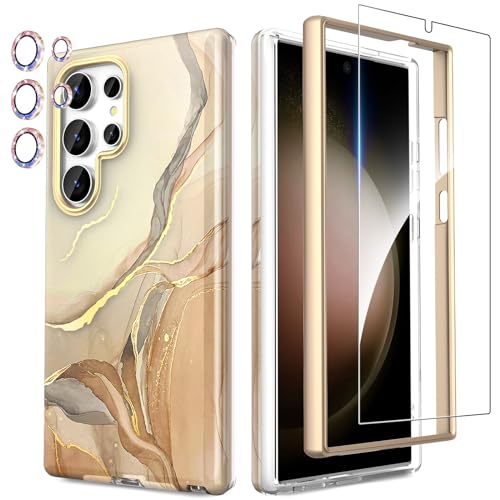 SHEDEER Samsung S24 Ultra Hülle mit Kameraschutz + Schutzfolie + Stoßfänger Samsung Galaxy S24 Ultra Hülle Schick 360 Grad Handyhülle für Samsung S24 Ultra Stoßfest TPU Hülle S24 Ultra 6,8'' Beige von SHEDEER