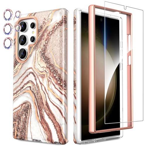 SHEDEER Samsung S24 Ultra Hülle mit Kameraschutz + Schutzfolie + Stoßfänger Samsung Galaxy S24 Ultra Hülle Schick 360 Grad Handyhülle für Samsung S24 Ultra Stoßfest TPU Hülle S24 Ultra 6,8'' Roségold von SHEDEER