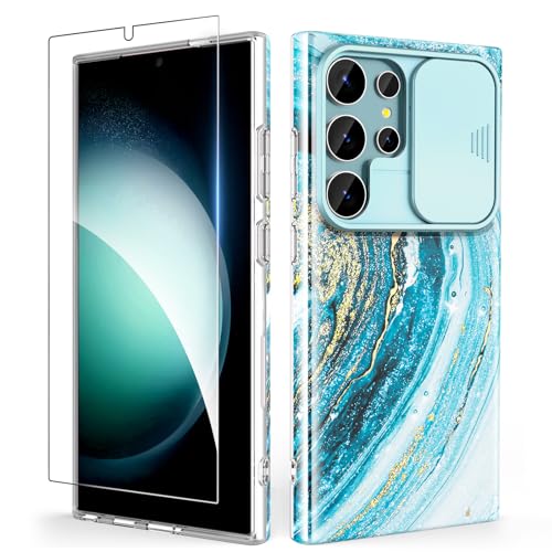 SHEDEER Samsung S24 Ultra Hülle mit Kameraschutz Schieber + Schutzfolie Samsung Galaxy S24 Ultra Hülle Schick Fantasie Handyhülle für Samsung S24 Ultra Stoßfest Schlank TPU Hüllen 6.8'' 2024 Blau von SHEDEER