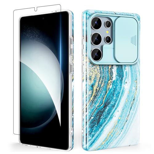 SHEDEER für Samsung Galaxy S25 Ultra Hülle mit Schieberegler Kameraabdeckung + Schutzfolie, Ultradünn Leicht Stoßfest Schutz, Glänzend Fade-Resistant Design Handyhülle (Blau) von SHEDEER