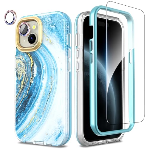 SHEDEER iPhone 15 Hülle mit Kameraschutz + Stoßstange + Displayschutz iPhone 15 360 Grad Ganzkörper-Schutzhülle Stilvoll Glänzend Stoßfest Kratzfest TPU Handyhülle für iPhone 15 6,1'' Blau von SHEDEER