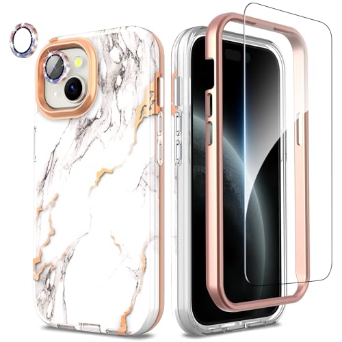 SHEDEER iPhone 15 Hülle mit Kameraschutz + Stoßfänger + Displayschutz iPhone 15 360 Grad Ganzkörper-Schutzhülle Stilvoll Glänzend Stoßfest Kratzfest TPU Handyhülle für iPhone 15 6,1'' Marmor von SHEDEER