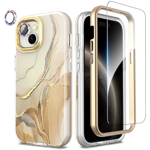 SHEDEER iPhone 15 Hülle mit Kameraschutz + Stoßstange + Displayschutz iPhone 15 360 Grad Ganzkörper-Schutzhülle Stilvoll Glänzend Stoßfest Kratzfest TPU Handyhülle für iPhone 15 6,1'' Beige von SHEDEER