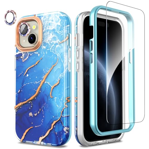 SHEDEER iPhone 15 Hülle mit Kameraschutz + Stoßstange + Displayschutz iPhone 15 360 Grad Ganzkörper-Schutzhülle Stilvoll Glänzend Stoßfest Kratzfest TPU Handyhülle für iPhone 15 6,1'' Blau von SHEDEER