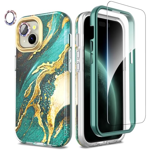SHEDEER 4-in-1 iPhone 15 Hülle mit Displayschutzfolie + Kameraschutz, Stoßfest TPU-Stoßfänger | Militärischer 360°-Schutz, Glänzend Fade-Resistant Muster-Design Handyhülle (Grün) SHEDEER 4-in-1 iPhone 15 Hülle mit Displayschutzfolie + Kameraschutz, Stoßfest TPU-Stoßfänger | Militärischer 360°-Schutz, Glänzend Fade-Resistant Muster-Design Handyhülle (Grün) von SHEDEER
