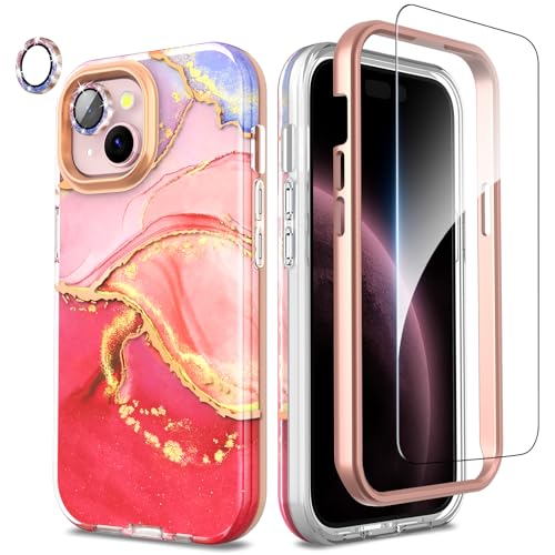 SHEDEER iPhone 15 Hülle mit Kameraschutz + Stoßstange + Displayschutz iPhone 15 360 Grad Ganzkörper-Schutzhülle Stilvoll Glänzend Stoßfest Kratzfest TPU Handyhülle für iPhone 15 6,1'' Rosa von SHEDEER