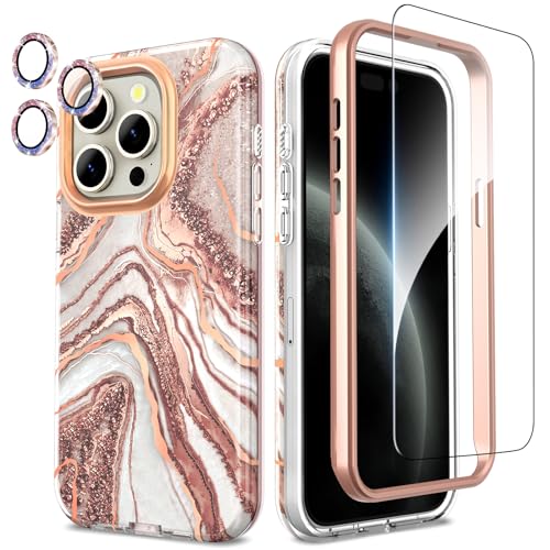 SHEDEER iPhone 15 Pro Hülle mit Kameraschutz + Stoßstange + Displayschutz iPhone 15 Pro 360 Grad Ganzkörper-Schutzhülle Stilvoll Glänzend Stoßfest Handyhülle für iPhone 15 Pro 6,1'' Roségold von SHEDEER