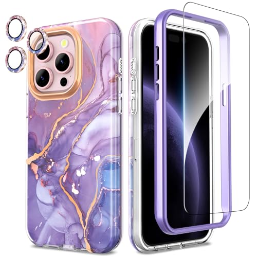 SHEDEER iPhone 15 Pro Hülle mit Kameraschutz + Stoßstange + Displayschutz iPhone 15 Pro 360 Grad Ganzkörper-Schutzhülle Glänzend Stoßfest TPU Handyhülle für iPhone 15 Pro 6,1'' Lila von SHEDEER