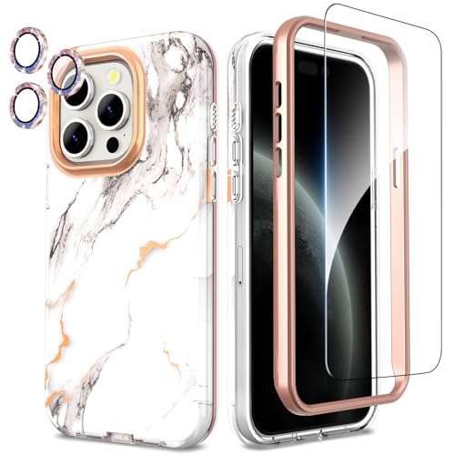 SHEDEER iPhone 15 Pro Hülle mit Kameraschutz + Stoßstange + Displayschutz iPhone 15 Pro 360 Grad Ganzkörper-Schutzhülle Stilvoll Glänzend Stoßfest Handyhülle für iPhone 15 Pro 6,1'' Marmor von SHEDEER