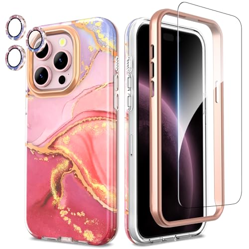 SHEDEER iPhone 15 Pro Hülle mit Kameraschutz + Stoßstange + Displayschutz iPhone 15 Pro 360 Grad Ganzkörper-Schutzhülle Stilvoll Glänzend Stoßfest Handyhülle für iPhone 15 Pro 6,1'' Rosa von SHEDEER