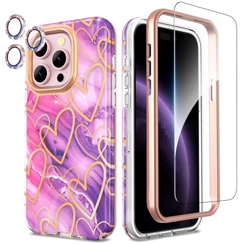 SHEDEER iPhone 15 Pro Hülle mit Kameraschutz + Stoßstange + Displayschutz iPhone 15 Pro 360 Grad Ganzkörper-Schutzhülle Stilvoll Glänzend Stoßfest Handyhülle für iPhone 15 Pro 6,1'' Herz von SHEDEER