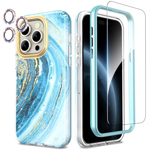 SHEDEER iPhone 15 Pro Hülle mit Glitzer Kameraschutz + Stoßstange + Displayschutz iPhone 15 Pro 360 Grad Ganzkörper-Schutzhülle Stilvoll Glänzend Stoßfest Handyhülle für iPhone 15 Pro 6,1'' Blau von SHEDEER