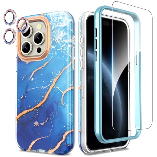 SHEDEER iPhone 15 Pro Hülle mit Glitzer Kameraschutz + Stoßstange + Displayschutz iPhone 15 Pro 360 Grad Ganzkörper-Schutzhülle Stilvoll Glänzend Stoßfest Handyhülle für iPhone 15 Pro 6,1'' Blau von SHEDEER