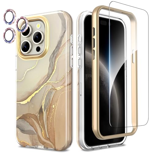 SHEDEER 4-in-1 iPhone 15 Pro Hülle mit Displayschutzfolie + Kameraschutz, Stoßfest TPU-Stoßfänger | Militärischer 360°-Schutz, Glänzend Fade-Resistant Muster-Design Handyhülle (Beige) SHEDEER 4-in-1 iPhone 15 Pro Hülle mit Displayschutzfolie + Kameraschutz, Stoßfest TPU-Stoßfänger | Militärischer 360°-Schutz, Glänzend Fade-Resistant Muster-Design Handyhülle (Beige) von SHEDEER