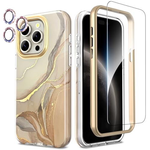 SHEDEER iPhone 15 Pro Hülle mit Kameraschutz + Stoßstange + Displayschutz iPhone 15 Pro 360 Grad Ganzkörper-Schutzhülle Stilvoll Glänzend Stoßfest Handyhülle für iPhone 15 Pro 6,1'' Beige von SHEDEER