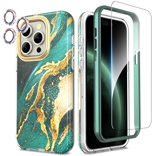 SHEDEER iPhone 15 Pro Hülle mit Kameraschutz + Stoßstange + Displayschutz iPhone 15 Pro 360 Grad Ganzkörper-Schutzhülle Stilvoll Glänzend Stoßfest Handyhülle für iPhone 15 Pro 6,1'' Grün von SHEDEER