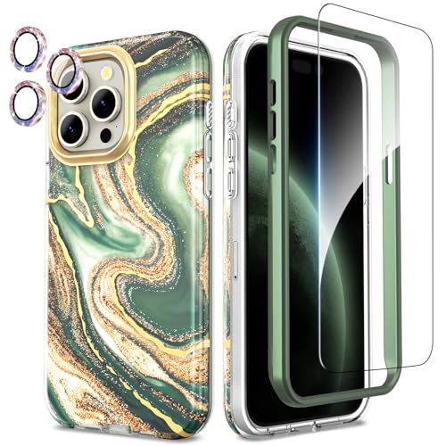 SHEDEER 4-in-1 iPhone 15 Pro Max Hülle mit Schutzfolie + Stoßfänger & Kameraschutz | Militärischer Stoßfest 360°-Schutz, 15 Pro Max Hülle Glänzend Fade-Resistant Muster-Design Handy Case (Grün) von SHEDEER