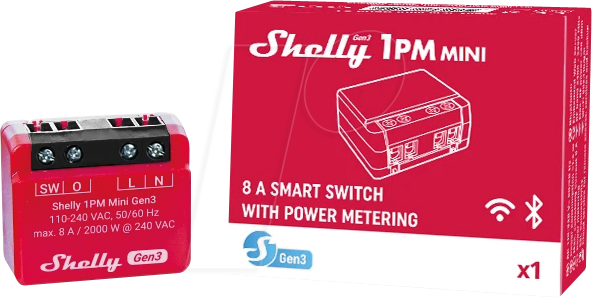SHELLY PLUS1PMM3 - Shelly Plus 1 PM Mini, 1-Kanal, WLAN, BT, max. 8 A, Messfunktion von SHELLY