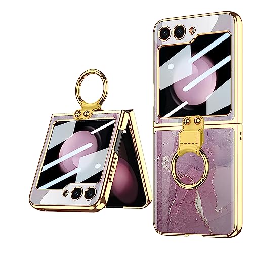 SHIEID Galaxy Z Flip 5 Hülle Lackiertes Glas Handyhülle mit Ringhalter und kleinem Bildschirmschutz Ultradünnes Glas Modedesign für Samsung Galaxy Z Flip 5 Hülle, Lila Rosa von SHIEID