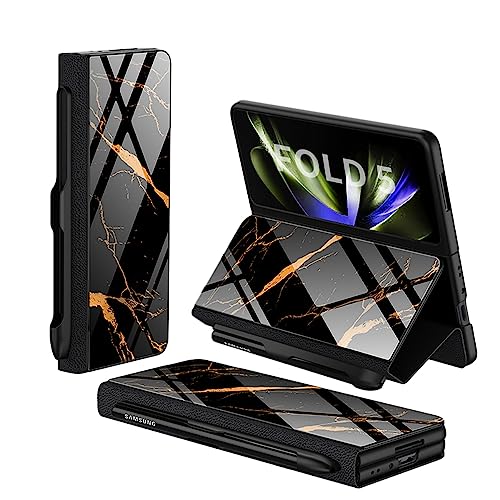 SHIEID Samsung Fold 5 Hülle mit S-Pen Pocket Luxus Flip Plating Glas Kristall Hybrid Leder All-Inclusive-Cover, Galaxy Z Fold 5 Hülle mit S-Stifthalter für Galaxy Z Fold 5, Goldfaden Schwarz von SHIEID