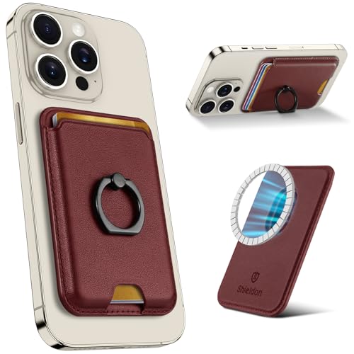 SHIELDON Echt Leder Wallet Ständer Magnetischer Kartenhalter mit Ring [RFID Blocker] [Magnetkraft] [Anti Fingerabdruck] [3 Karten] Handy Ringhalter Kompatibel für iPhone 16/15/14/13/12 Serie Weinrot von SHIELDON